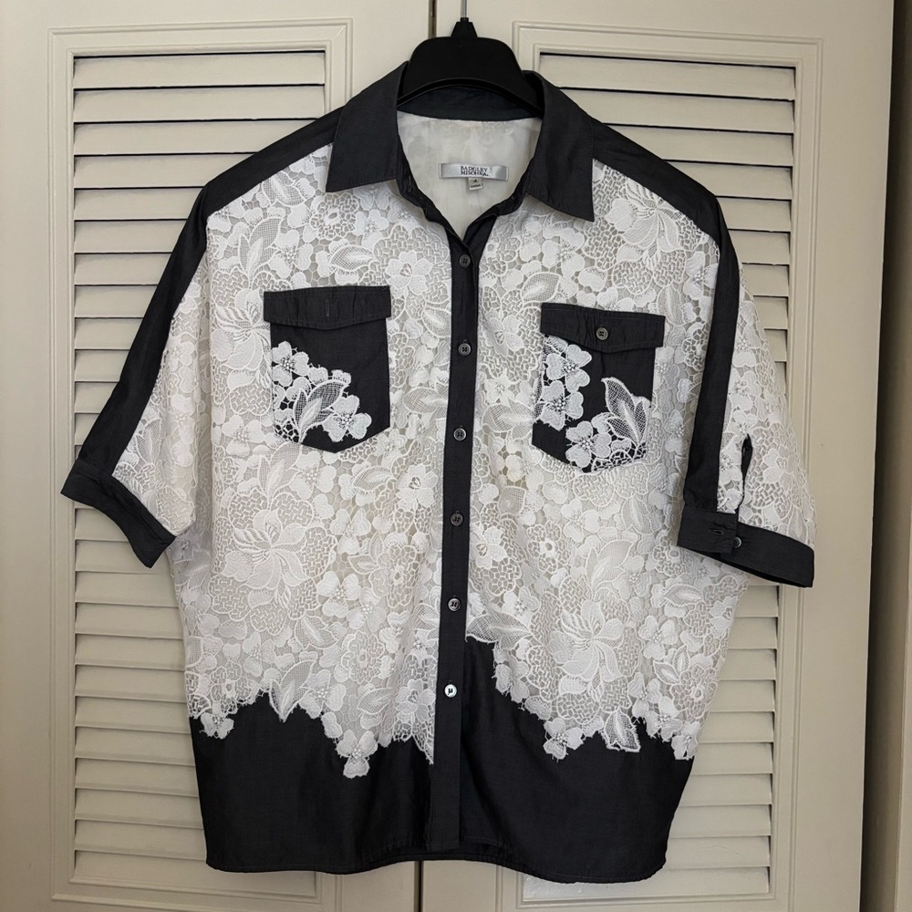 Badgley Mischka Lace Colorblock Button Shirt Women Size 4 Black White Chic
